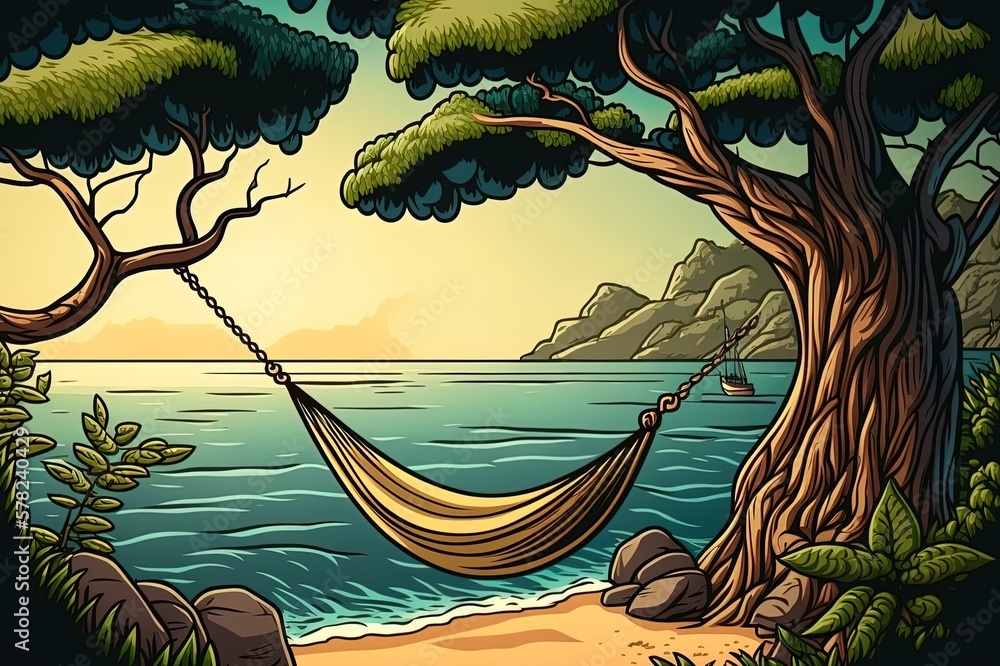 Poster a hammock strung between two trees overlooking the ocean. generative ai