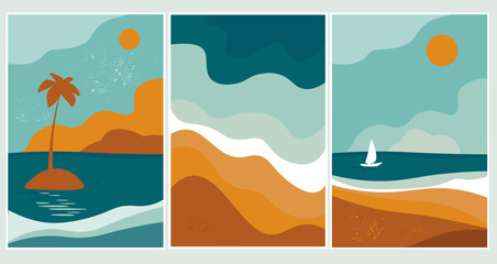 Fototapeta na wymiar A set of abstract contemporary nature posters. Sea, sand with palm trees, island, boat with sail on the background of sun and clouds. Vector graphics.