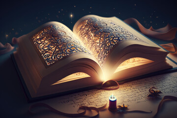 Quran, Koran, Holi book. Abstract Open book in islamic style with magic light on a dark background. Generative ai illustration. Reading Coran. Eid Mubarak Ramadan Kareem wallpaper