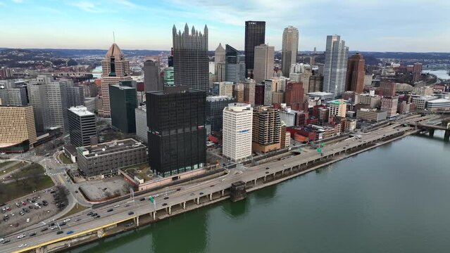 Pittsburgh, Pennsylvania skyline during winter day. Aerial establishing shot of large American city.