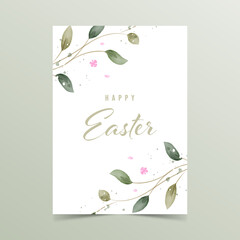 Happy easter greeting card in rustic style, vector illustration. Greenery Watercolor Floral template card design.