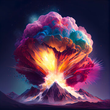 Abstract colorful landscape of a huge exploding volcano, eruption of vivid colors, smoke and lava. Illustration, Generative AI.
