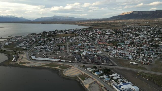 Puerto Natales Chile Aerial View, Torres del Paine National Park, Cityscape, Town, Streets, Montt Gulf Water and Port during Summer Daylight