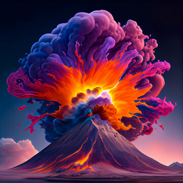 Abstract colorful landscape of a huge exploding volcano, eruption of vivid colors, smoke and lava. Illustration, Generative AI.