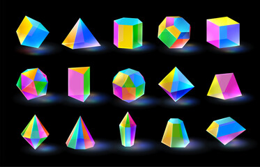 Multicolor diamond crystal shapes. Prism color glass prism different volumetric figures. Triangular, polygonal, and hexagonal crystals vector set