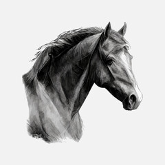 A horse drawn with a pencil. Horse head profile sketch. The head of the horse in a pencil style, a black white illustration. Vector illustration.