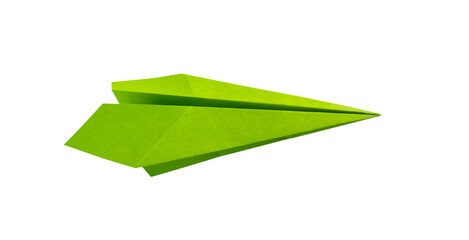 Green paper plane origami isolated on a white background