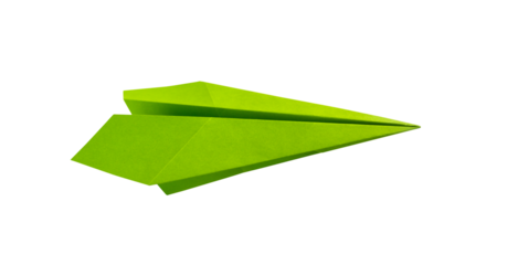 Green paper plane origami isolated on a white background