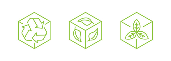 Vector simple line icons and illustration, eco, bio and organic packaging badges, ecological, environment friendly and sustainable development, fresh natural ingredients cosmetics and products