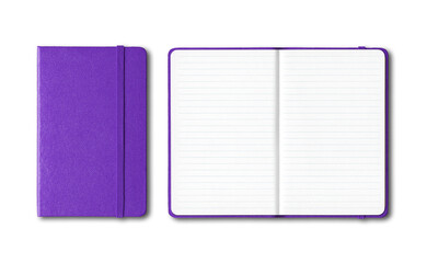 Purple closed and open lined notebooks isolated on transparent background