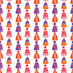 Watercolor seamless pattern with winter sweaters, hats and mittens. Christmas clothing