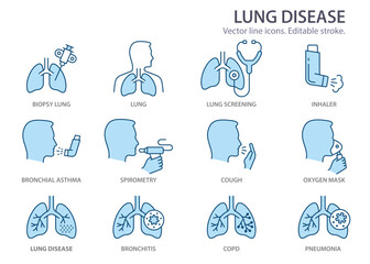 lung disease icons, such as pneumonia, bronchitis, bronchial asthma and more. Vector illustration isolated on white. Editable stroke. Change to any size and any colour.