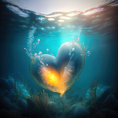 Heart shaped glowing air bubble underwater. Romantic concept wallpaper. Generative AI