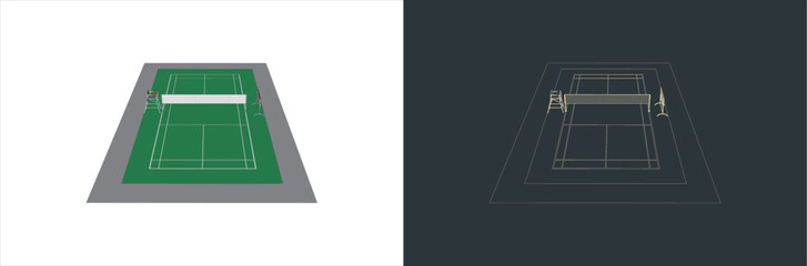 Vector Badminton court Technical Illustration line art  on the blueprint