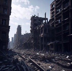 Naklejka premium Post-apocalyptic ruined city, created with Generative AI technology