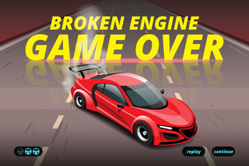 Word in end of sport game racing car. You lose, fail, foul, wrong in game and restart game to new game.