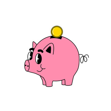 Piggy bank with gold coins. Groovy cartoon style financial illustration about saving money