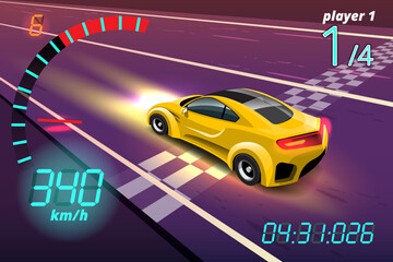 In game competition continue player used high speed car for win in racing game. competition e-sport car racing.