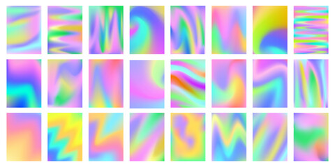 Holographic backgrounds. Holo gradient mesh, iridescent pearl colors and smooth surreal backdrops vector set