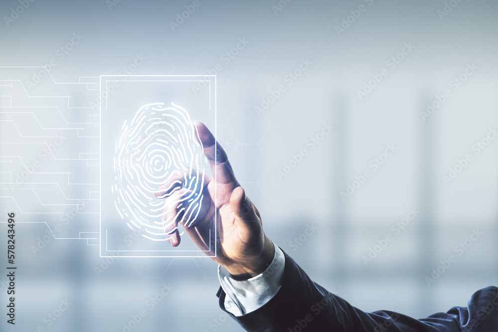Poster Multi exposure of developer's hand clicks on virtual graphic fingerprint sketch on blurred office background, fingerprint scan data concept