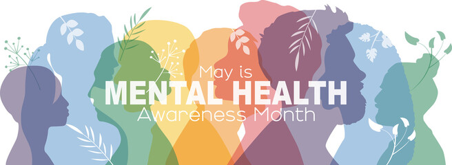 May is Mental Health Awareness Month banner. Transparent background.