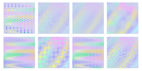 Holographic textures. Magic unicorn holo gradient with geometric patterns, iridescent rainbow colors backgrounds vector set