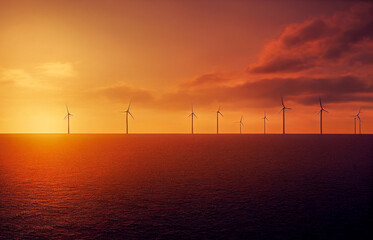 wind turbines in the sunset north sea, Generative AI Art Illustration