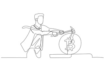 Cartoon of businessman with hammer smashing bitcoin coin. Concept of downfall of cryptocurrency. One continuous line art style