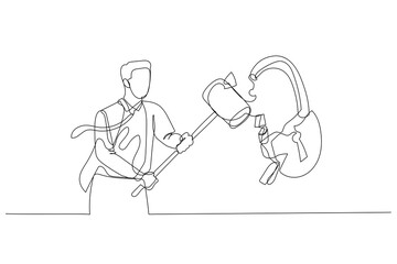 Illustration of businessman with hammer smash padlock. Concept of problem solving. Single line art style