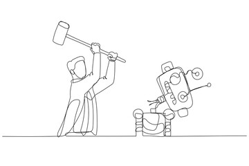Drawing of businessman destroying robot with hammer. Concept of human resource vs AI artificial Intelligence. Continuous line art