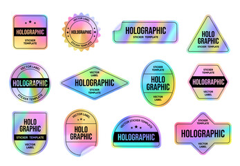 Holographic foil sticker. Holo emblem tags templates with iridescent color gradient, retro 90s vaporwave style labels vector set - obrazy, fototapety, plakaty