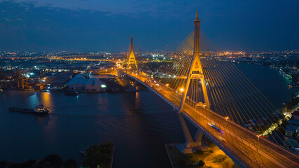 Fototapeta na wymiar Bridge view from the top view of Thailand, Beautiful bridge, and river landscapes bird's eye view during sunset