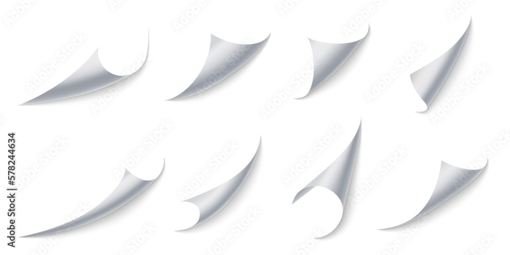 Poster curled paper corners. page 3d bent with realistic shadow, curling stickers or document border effect