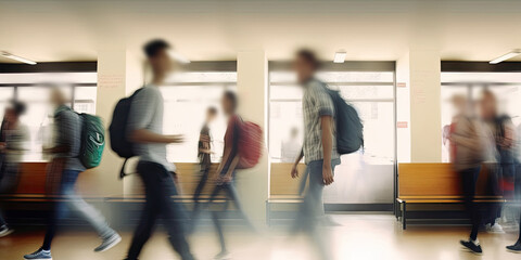 Blurred group of students going to class. Generative ai. - obrazy, fototapety, plakaty