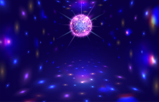 Disco ball rays. Dance floor room with mirror ball reflections, night club stage lights and party vector background illustration