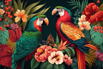 Exotic pattern with parrots and tropical flowers in light color created with AI generative technology