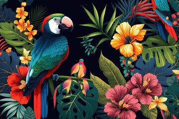 Exotic pattern with parrots and tropical flowers in light color created with AI generative technology