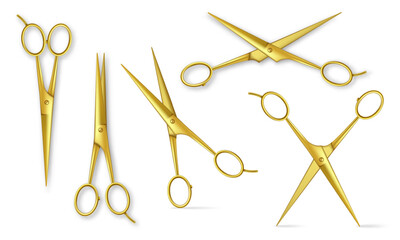 Realistic gold metal scissors. Closed and open stationery or hair salon golden scissor, barber tools top view isolated vector illustration set