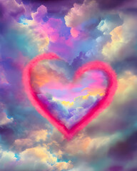 Red heart in the clouds as abstract background. Valentine's day cloud. Generative Ai