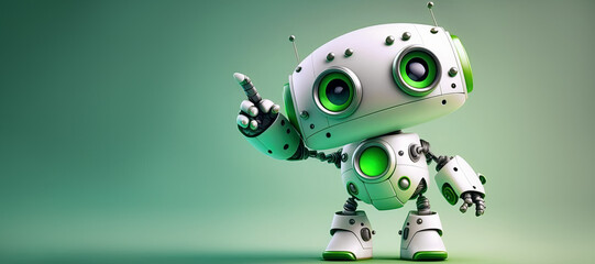 cute mini robot pointing fingers at copy space on green background. Generative AI - obrazy, fototapety, plakaty