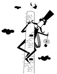 Chimney sweeper, rope, chimney brush, stove pipe.
Cartoon chimney sweeper in the top hat on the stove pipe with the rope and chimney brush. Black on white background
