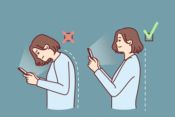 Girl with mobile phone demonstrates correct and incorrect posture while using applications. Woman with curvature of spine is hunched over due to poor posture and needs help of masseur or osteopath - obrazy, fototapety, plakaty