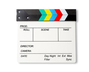 The Film slate or Flying clapperboard isolated on white background. Saved clipping path.