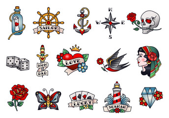 Old school tattoos. American or western traditional tattoo designs, sailor tattooing style vector Illustration set