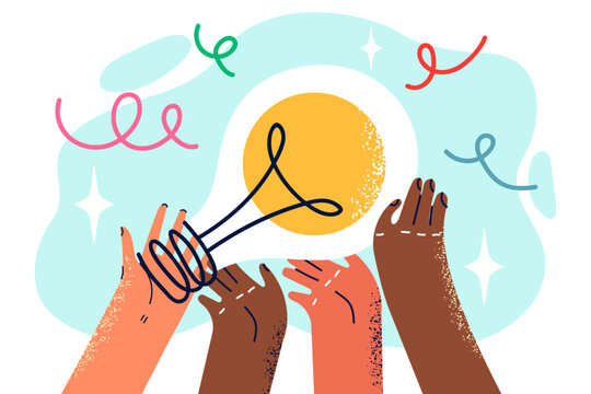 Peoples hands with light bulb symbolizing joint generation of ideas and solutions