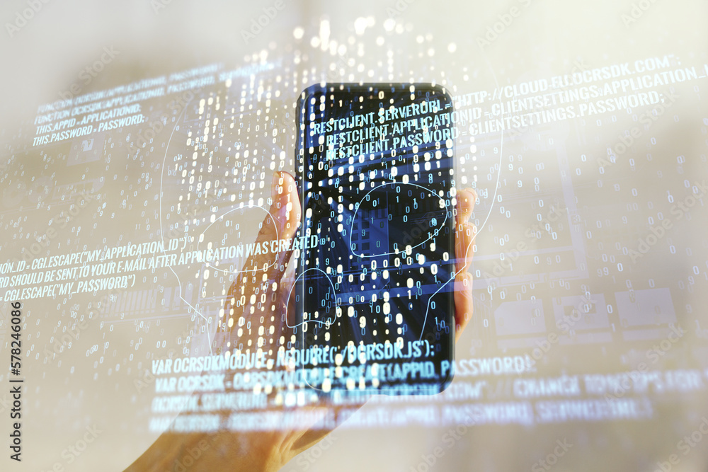 Aufkleber double exposure of creative code skull hologram and hand with cell phone on background. malware and 