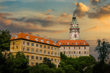 View of historical centre of Cesky Krumlov town on Vltava riverbank, Czech Republic.