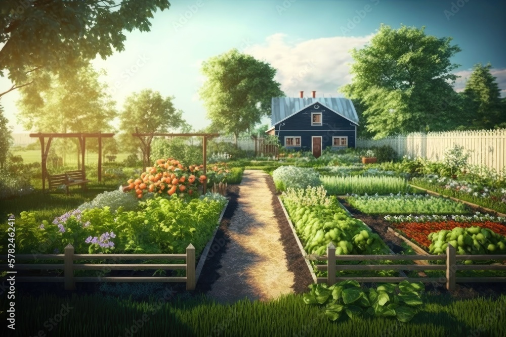 Sticker beautiful bright summer day and garden with greenery of field with vegetable gardens, created with g