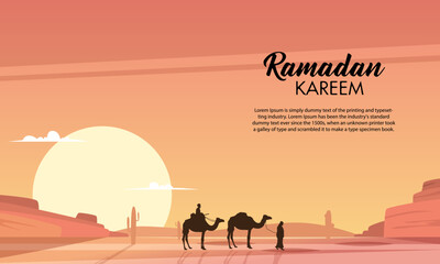 Ramadan kareem illustration with desert scenery beautiful bright sky on the desert with camel and caravan. Vector illustration. 