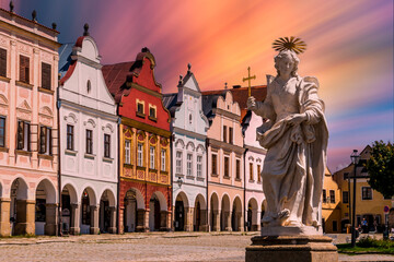 Main square of Telc city on a sunset. UNESCO World Heritage Site. Czechia.